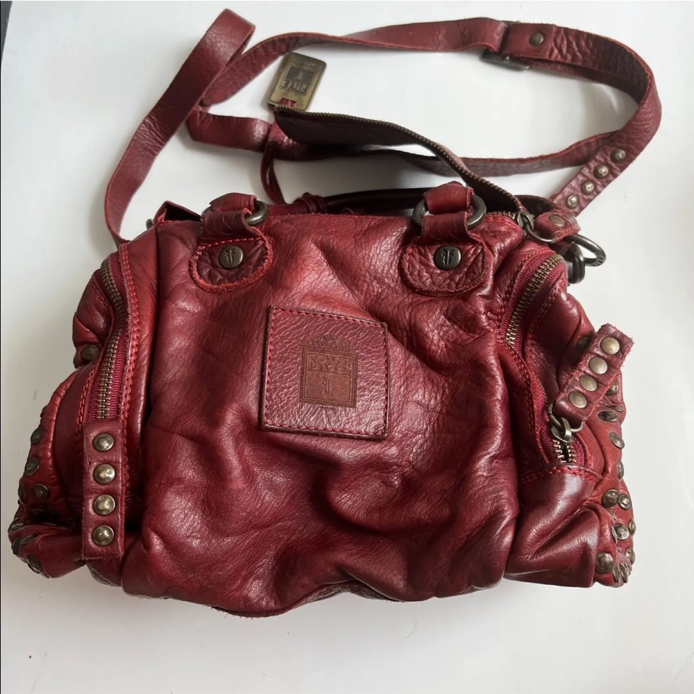 Large Frye Brooke Speedy Satchel Purse Handbag Brick Red Leather Studded Zip